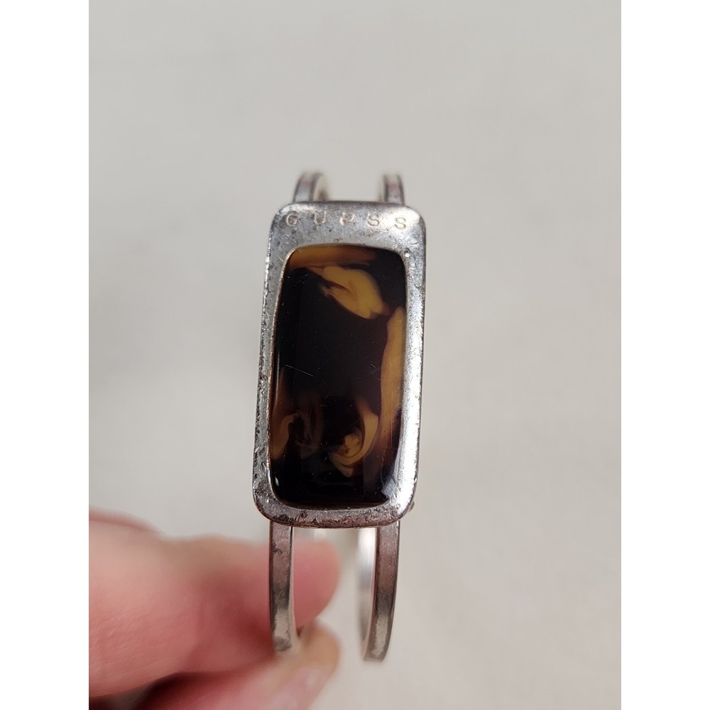 Vtg GUESS Signed‎ Silver Tone Hinged Cuff Bracelet Faux Tiger Eye Shabby Sheik